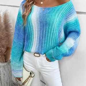 Mint Blue Preppy Womens Ombre Batwing Sleeve Sweater